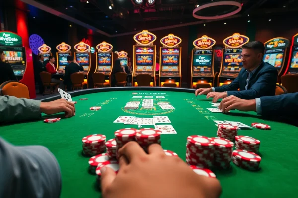 Engaged players at a blackjack table with chips and cards revolving around https://8live.date/ for excitement.
