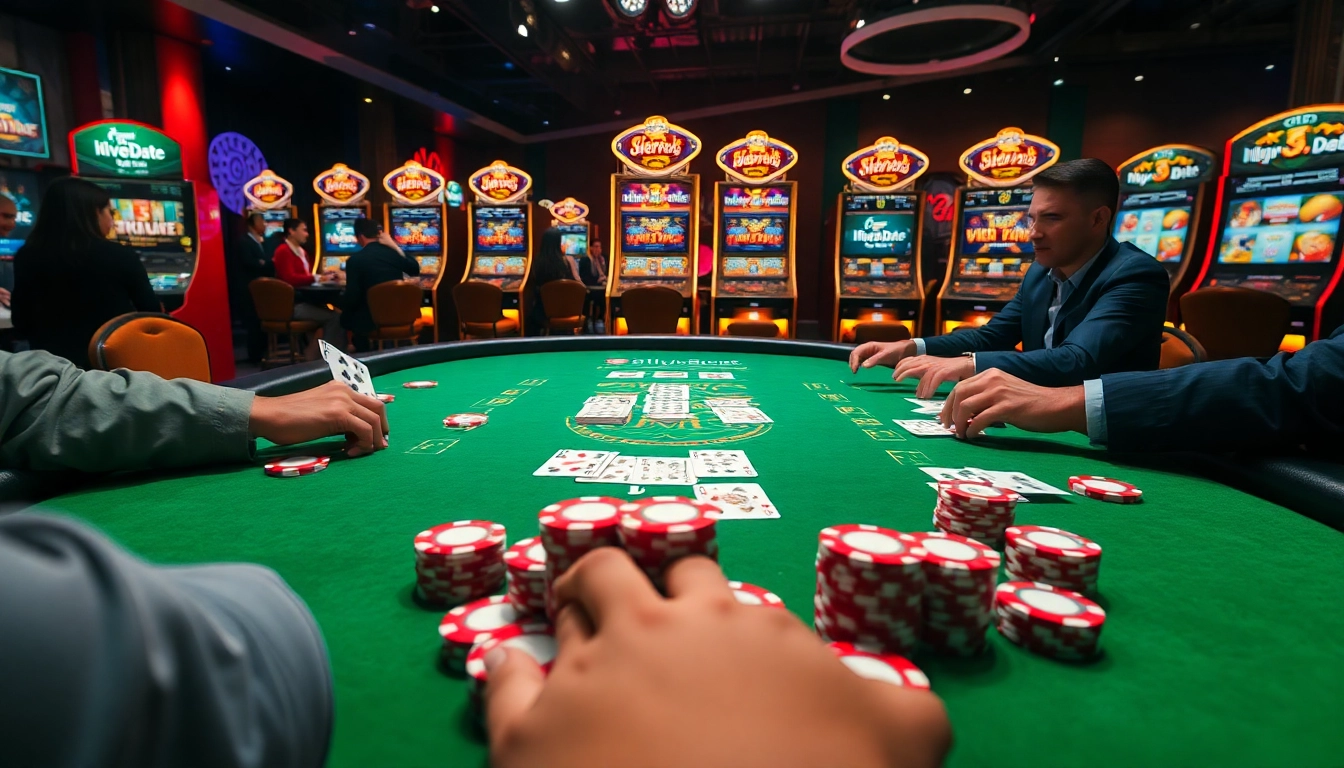Engaged players at a blackjack table with chips and cards revolving around https://8live.date/ for excitement.