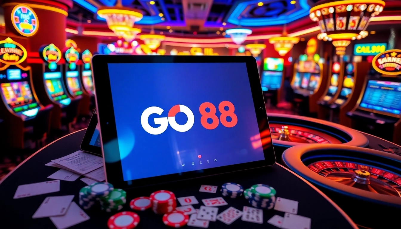 Engaging casino scene with GO88, showcasing players, tables, and vibrant slot machines.