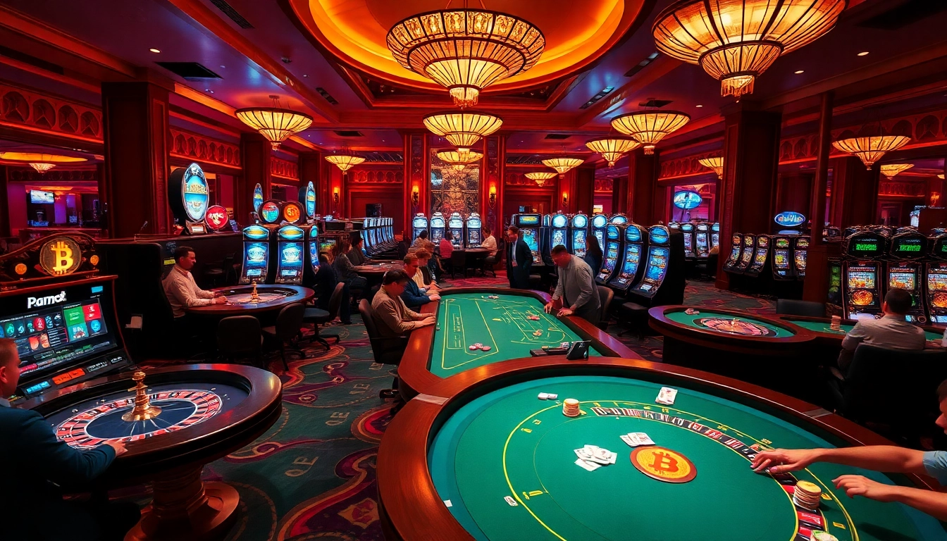 Exciting casino crypto gaming scene showcasing players at poker tables and colorful chips.