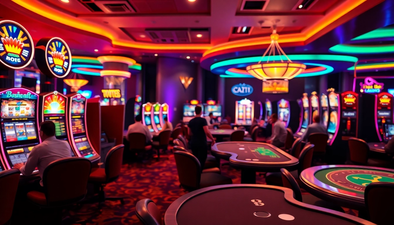 Jouer au casino en ligne dans une salle de jeu élégante et animée avec des joueurs et des machines à sous.