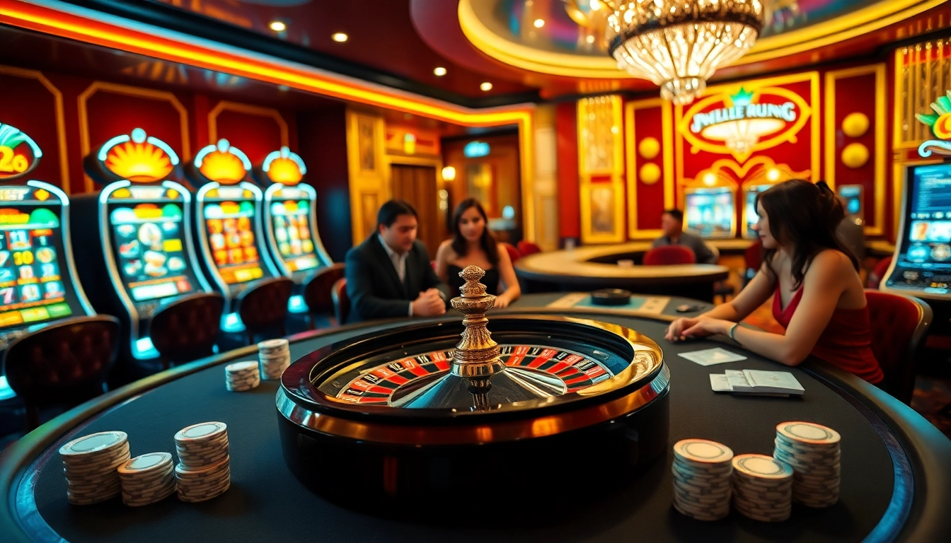 Exciting casino en ligne scene showcasing a roulette wheel and poker players immersed in the game.
