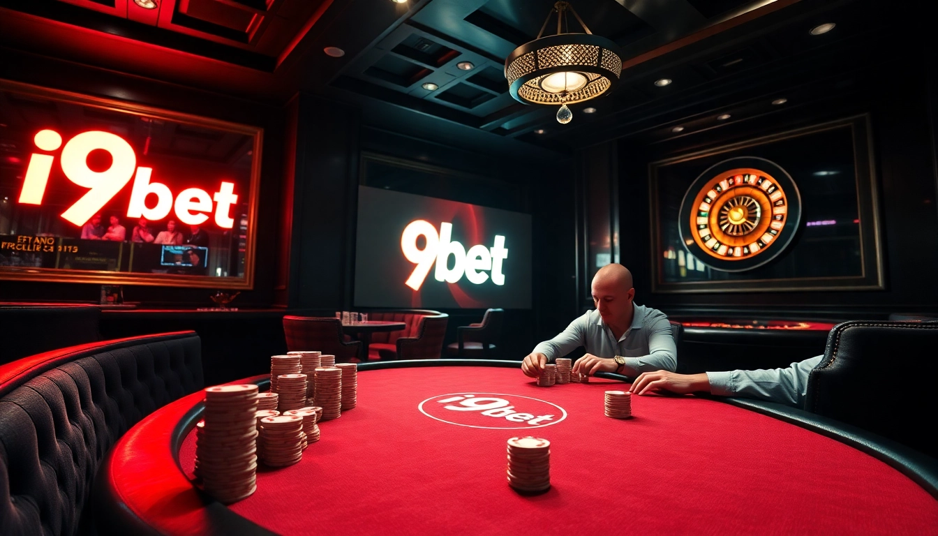 Experience high-stakes gaming at i9bet with a luxurious poker table and roulette wheel.