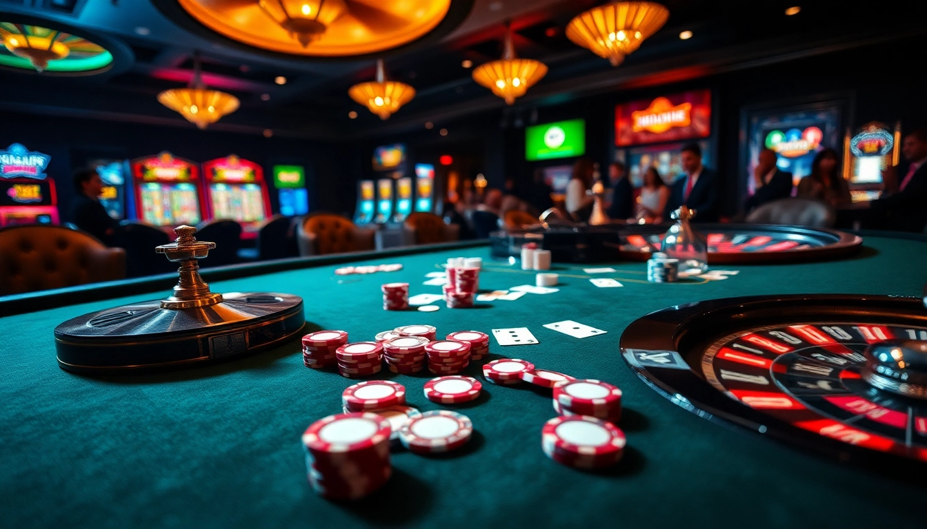 Engaging poker scene at a luxurious casino, showcasing tập đoàn kjc's thrilling atmosphere.