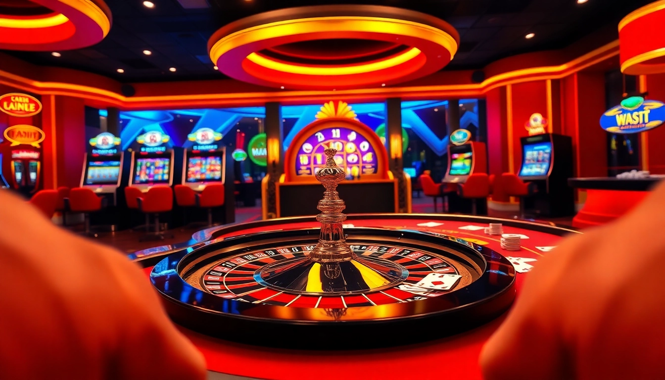 Jeu à enjeux élevés dans un casino en ligne Français avec roulette, jetons de poker et jeux de casino vibrants.