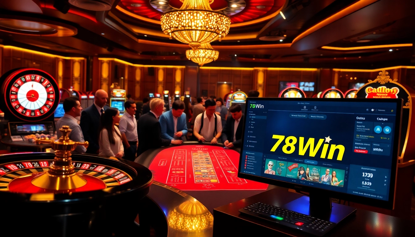 High-stakes excitement at 78Win casino with poker chips, roulette, and a vibrant gaming atmosphere.