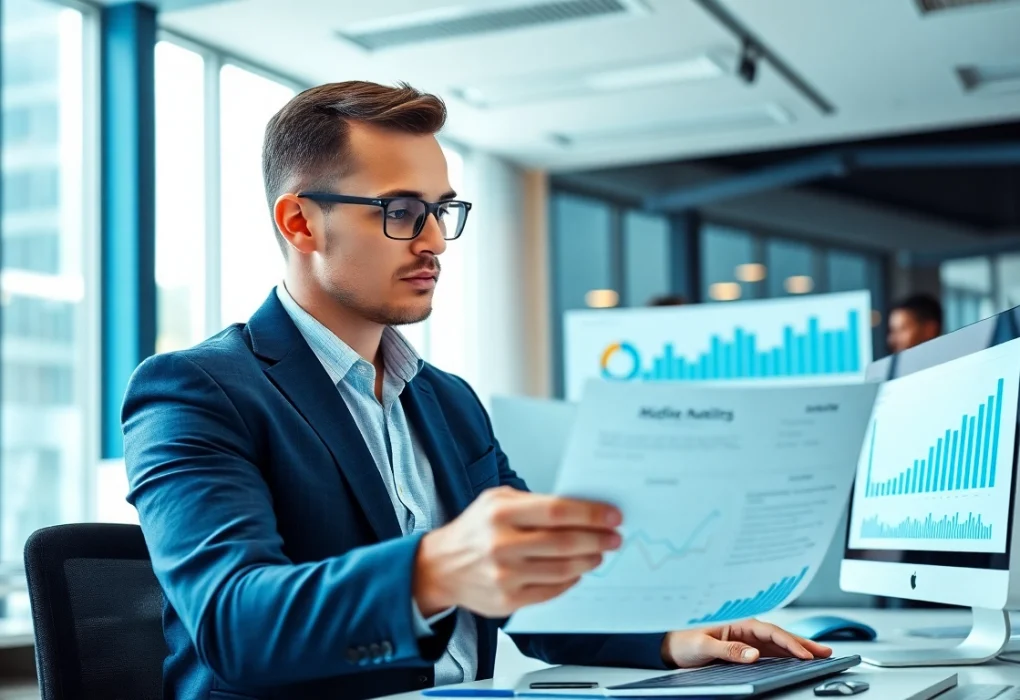 A média vásárló elemzi a digitális marketing adatait egy modern irodában.