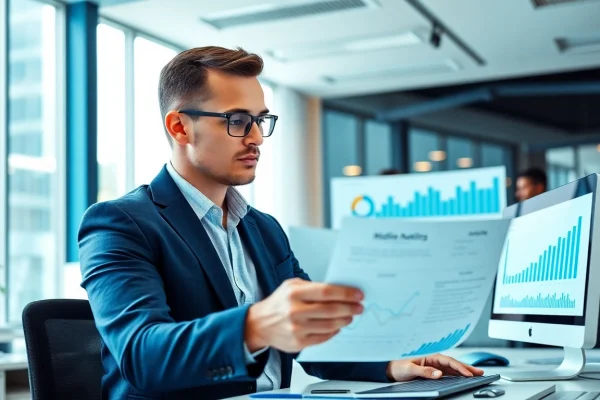 A média vásárló elemzi a digitális marketing adatait egy modern irodában.