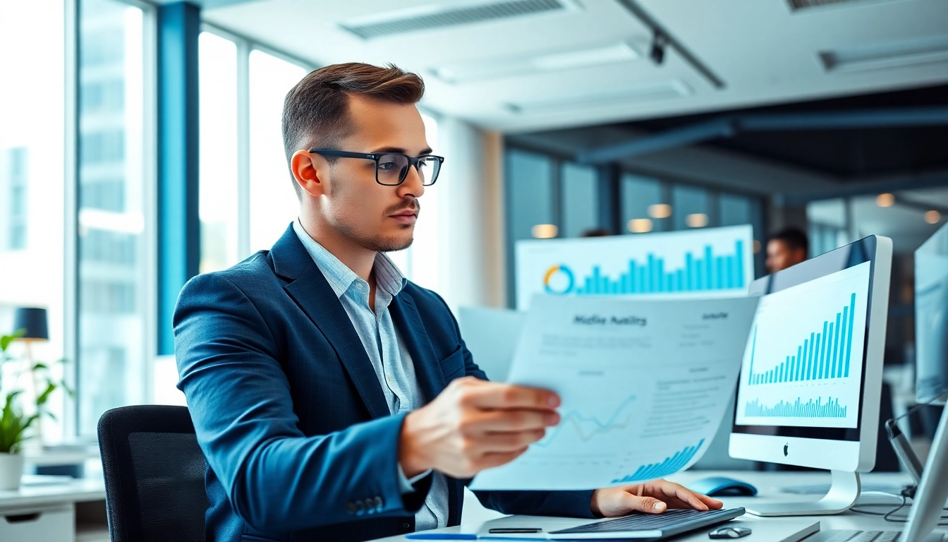 A média vásárló elemzi a digitális marketing adatait egy modern irodában.