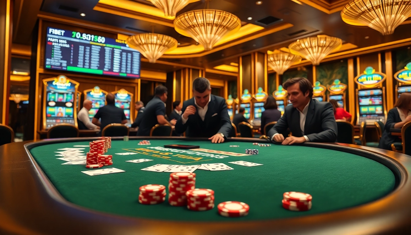 Experience the thrilling world of F8BET with players engaging in dynamic casino games featuring poker chips and live betting displays.