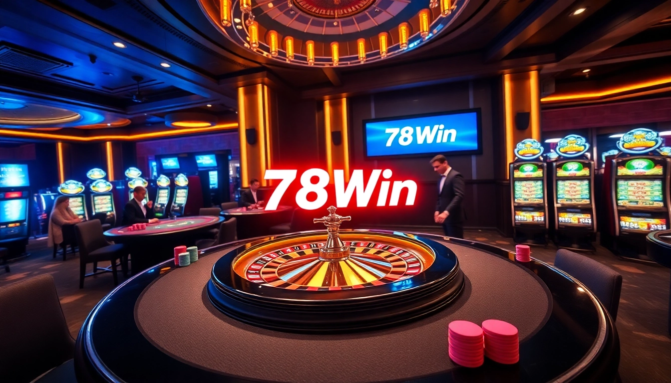 A vibrant casino scene showcasing excitement and professionalism at 78Win with roulette, poker, and slot machines.