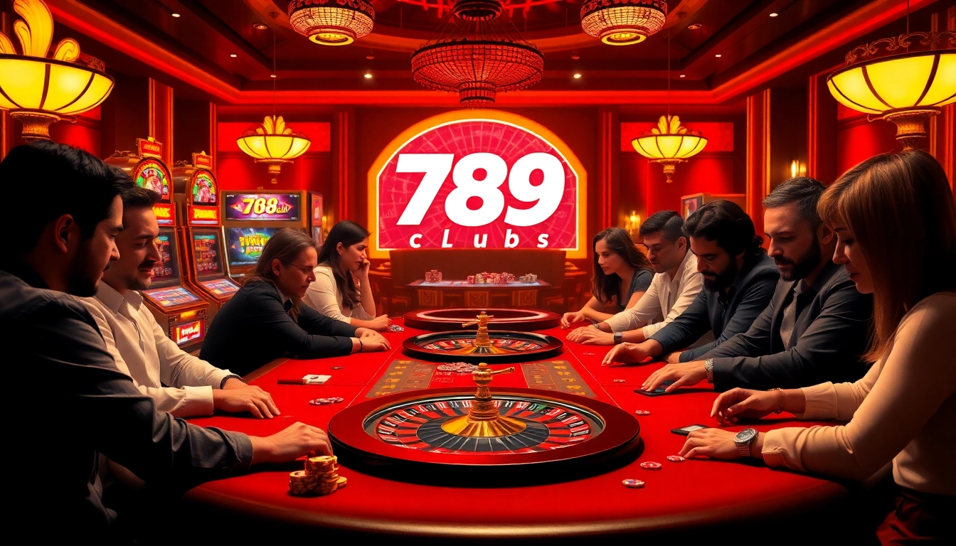 Experience the thrill of 789club with a vibrant casino scene highlighting poker and slot excitement.