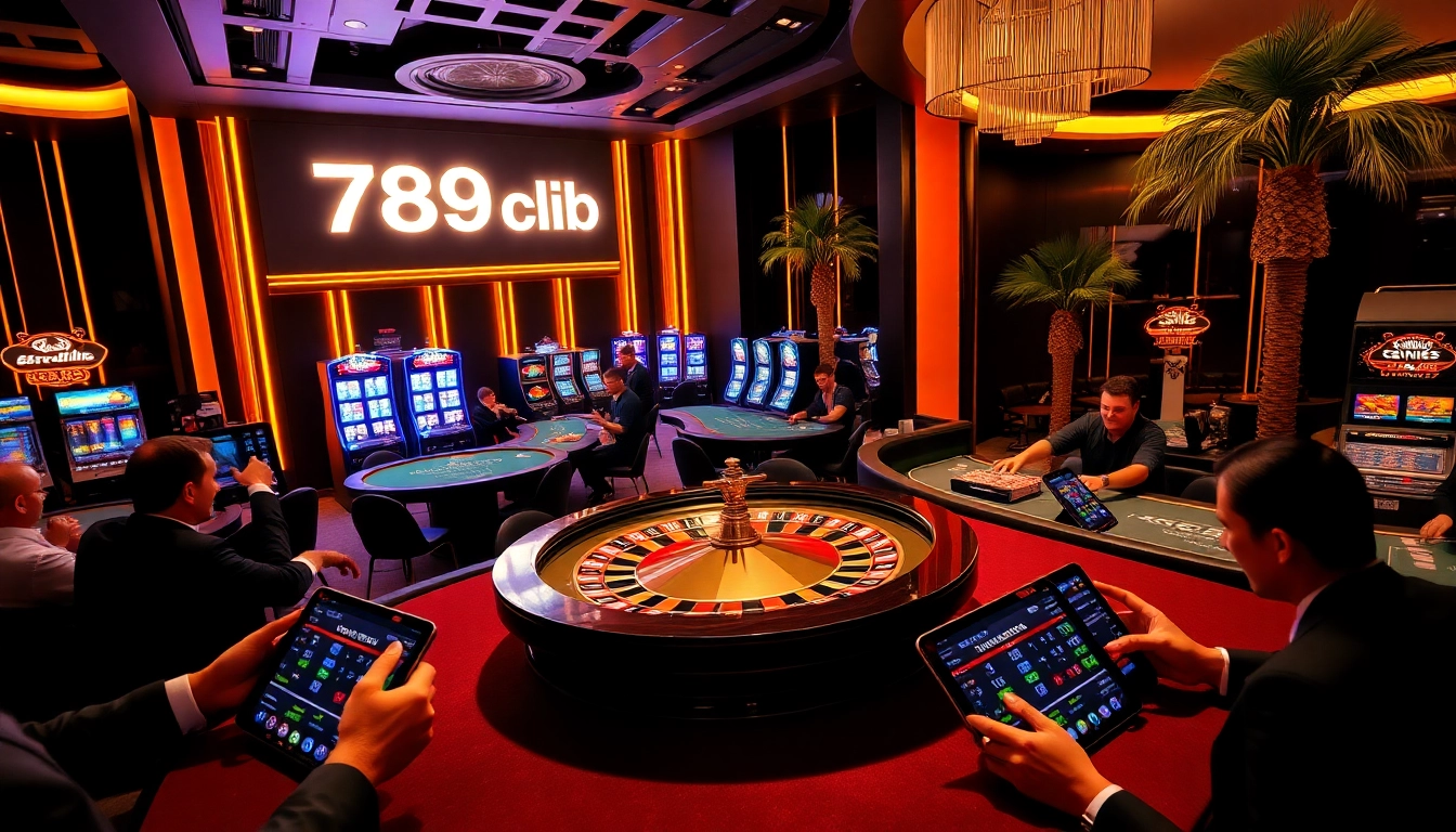 Winning at 789club casino with a roulette wheel and excited players in a luxurious setting.
