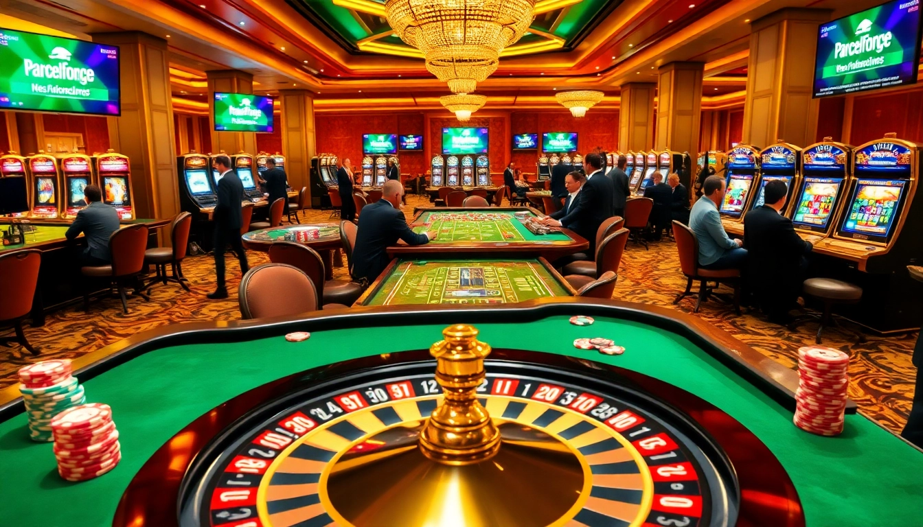 Engaging gamblers at a luxurious casino featuring poker chips and roulette wheel, highlighting https://parcelforce.uk.com/.