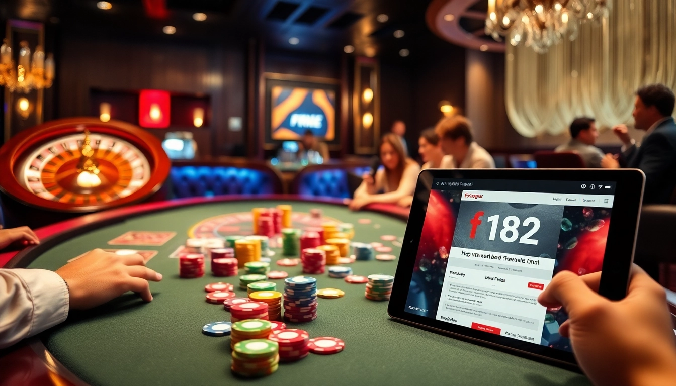 Players enjoying poker and roulette at a luxurious casino, featuring https://f1682.email/ for online access.