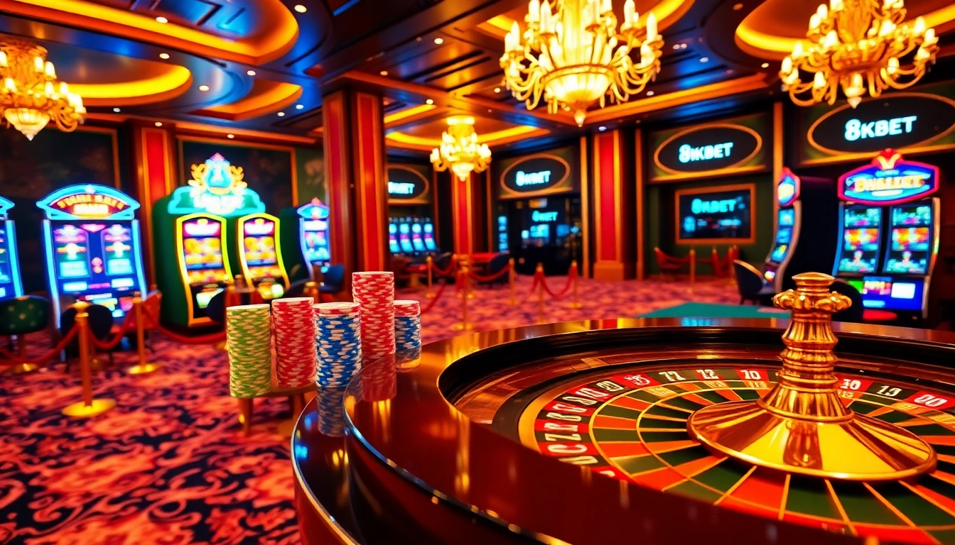 Engaging casino scene featuring 8KBET branding with roulette, poker chips, and slot machines.