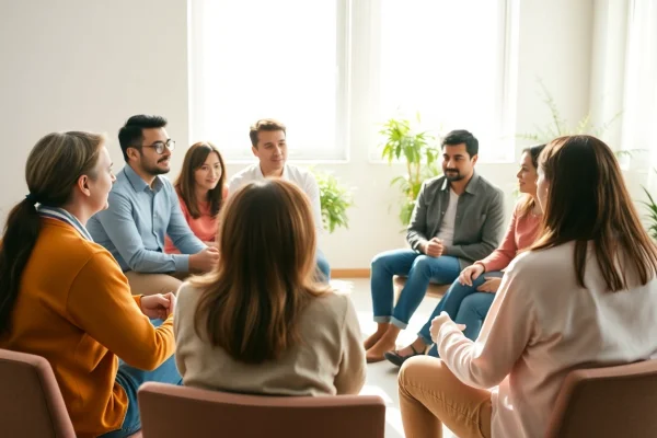 Des participants d'Alcooliques Anonymes discutent dans un cadre chaleureux.