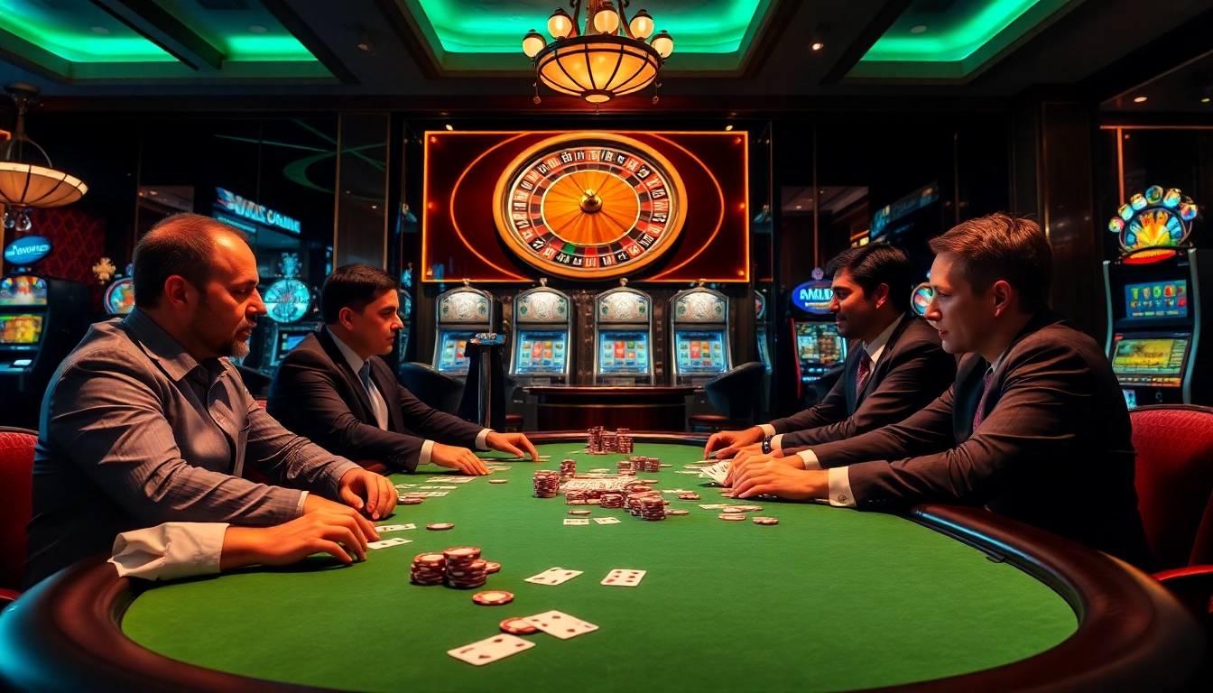 Players engage in high-stakes poker at a nhacaiuytin casino, highlighting excitement and strategy.