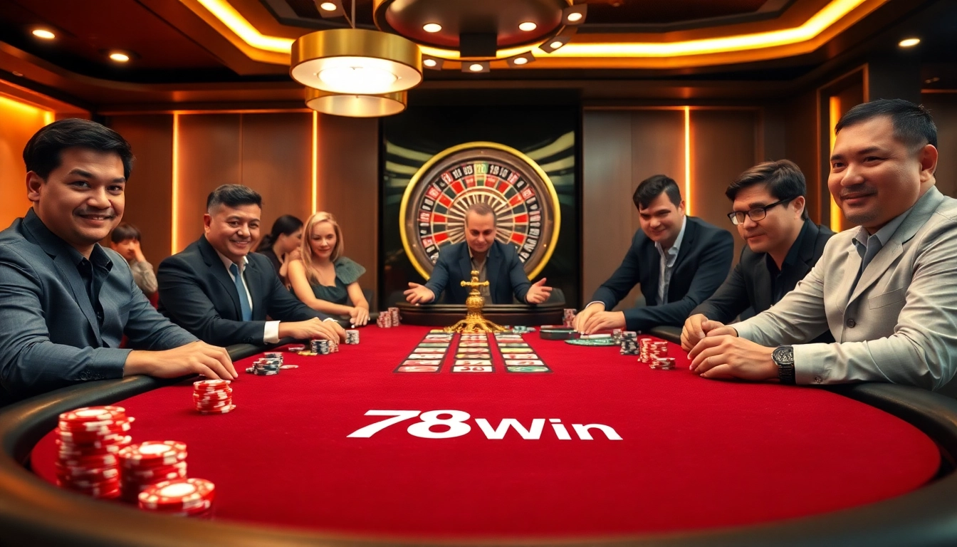 Experience the thrill of winning at 78Win's exciting poker table, surrounded by casino lights and eager players.