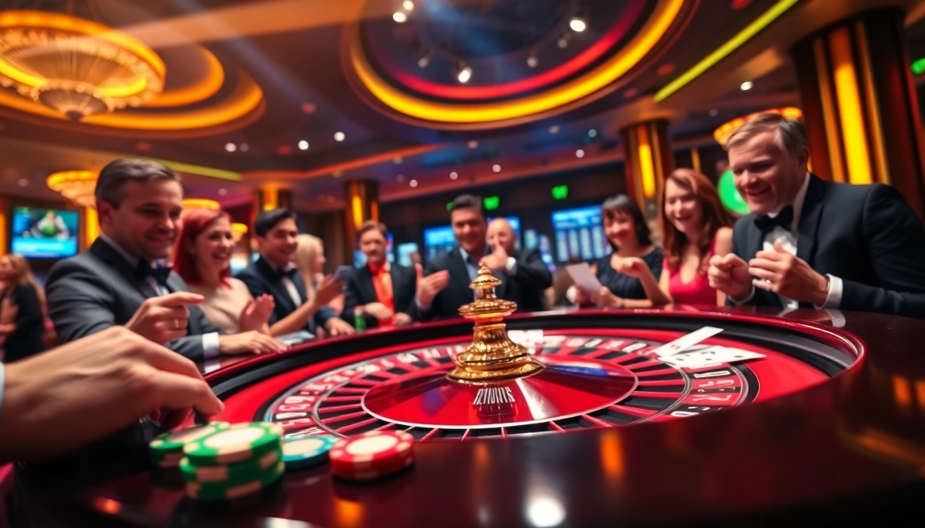Joueurs enthousiastes profitant d'une expérience de casino en ligne dans un cadre d'exception.