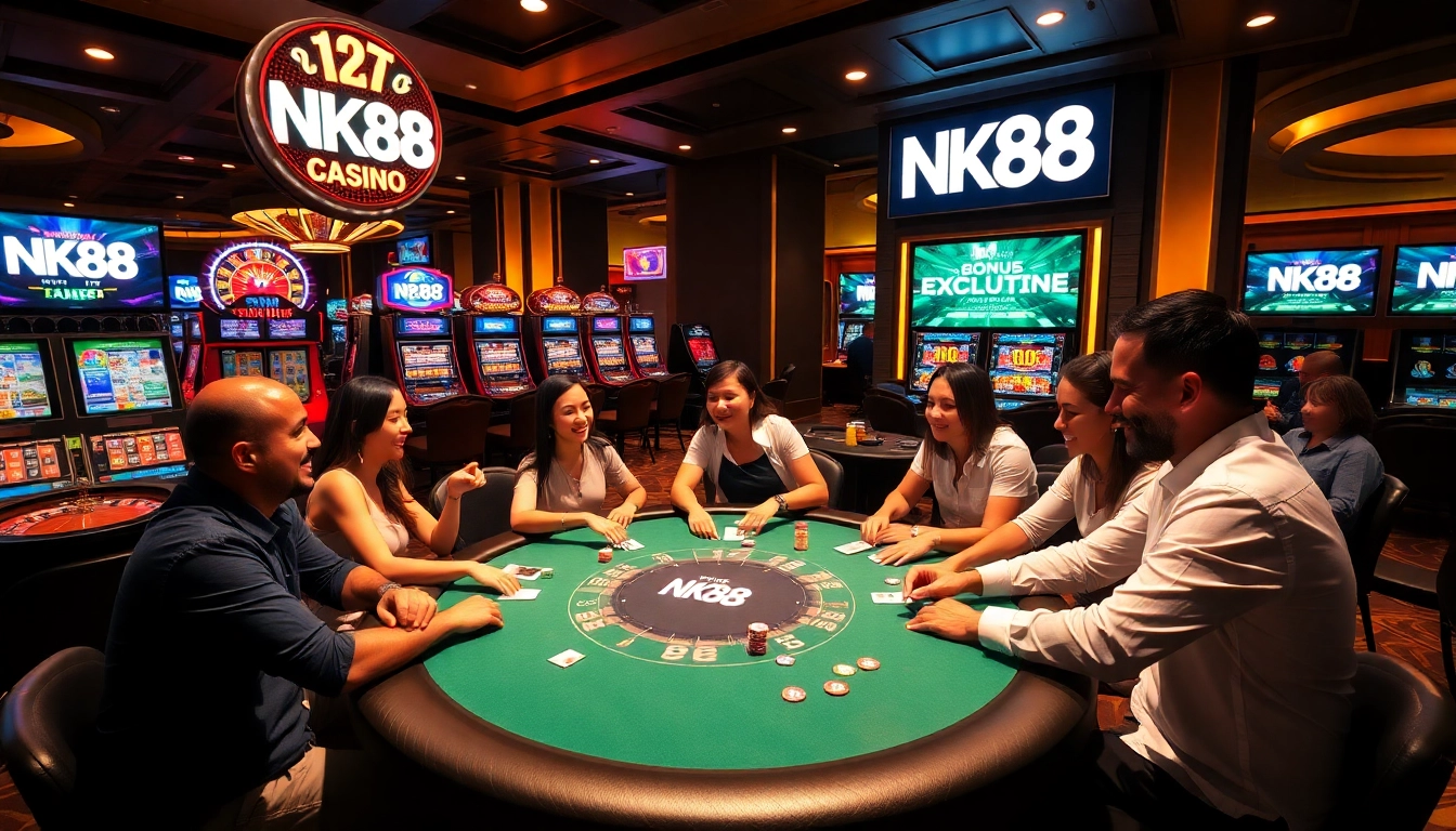NK88 players enjoying a vibrant poker game with luxurious casino elements.
