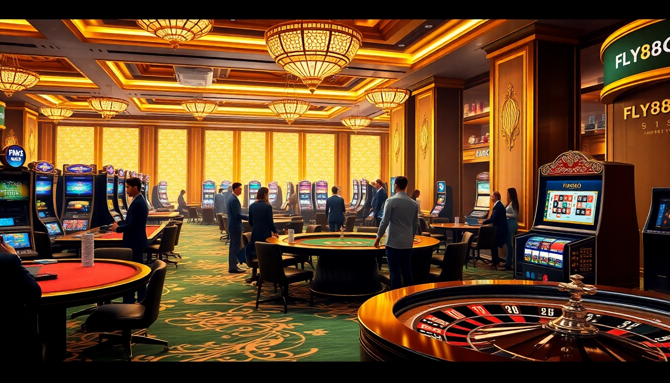 Engage in high-stakes gaming at FLY88COM's luxurious casino tables, featuring poker chips and roulette wheel.