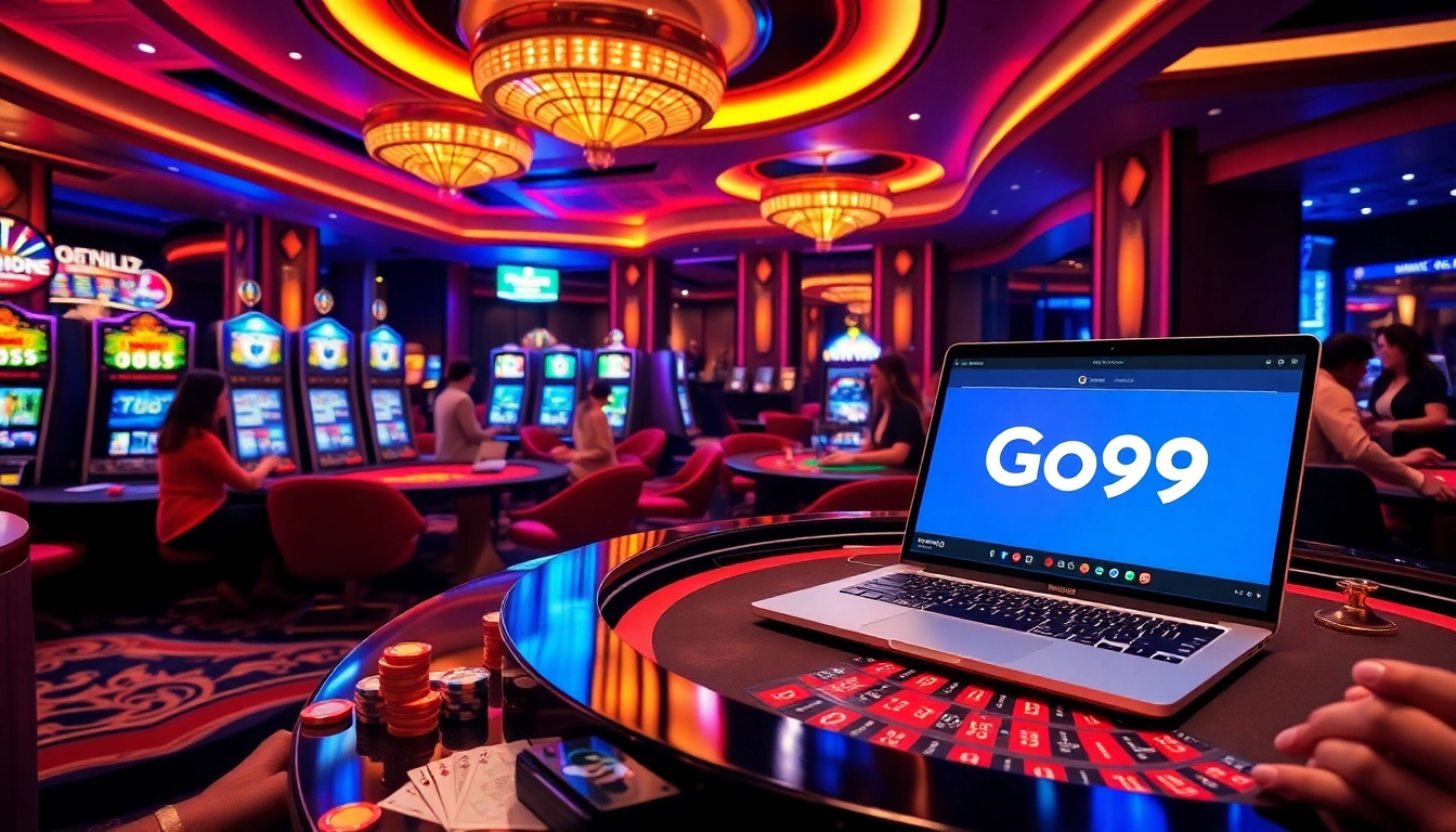 Go99 online gambling players enjoying vibrant slot machines and poker tables in a luxurious casino.
