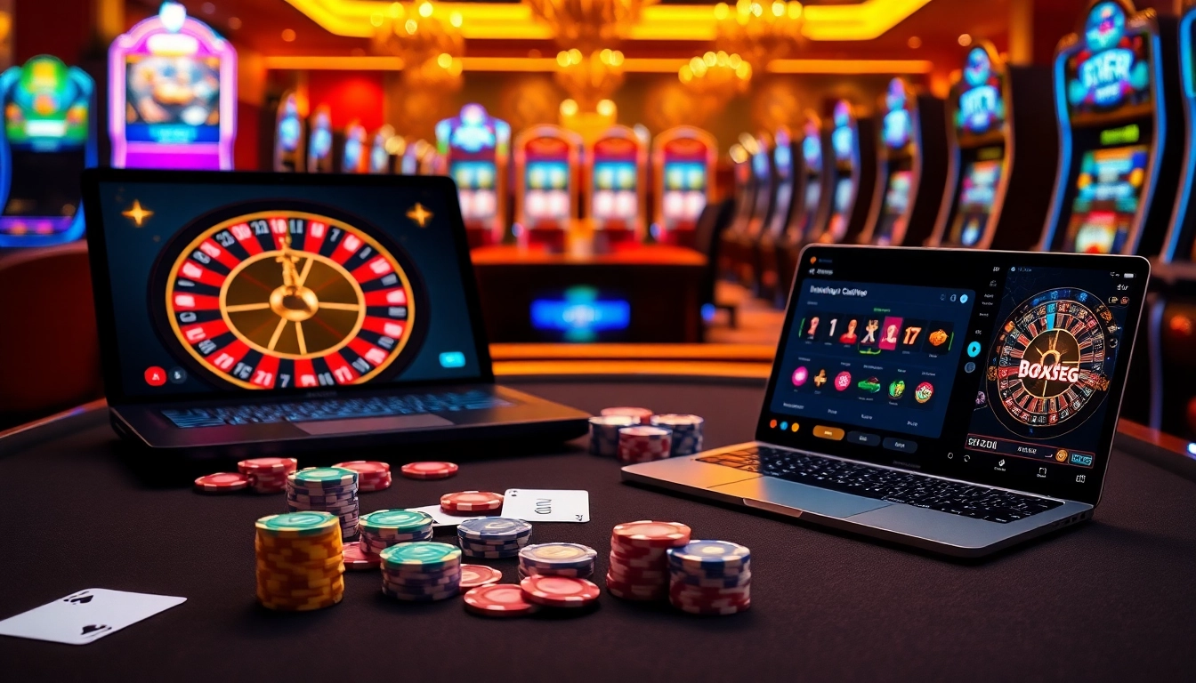A high-tech setup for nouveaux casino en ligne featuring vibrant gambling tables and digital gaming devices.