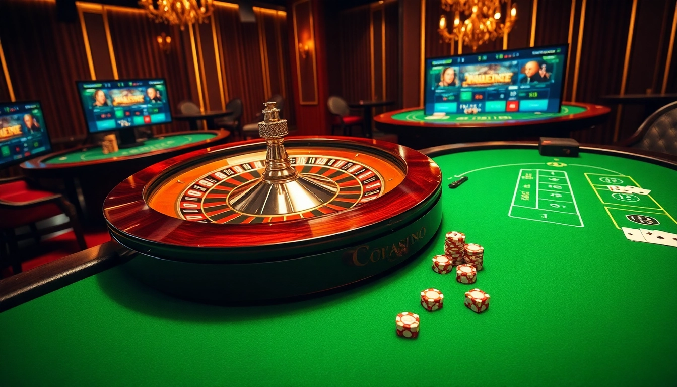 Cette image vibrante met en valeur un luxueux casino en ligne français avec des tables de poker élégantes, des roues de roulette et des affichages de jeux numériques, améliorant l'expérience de jeu.