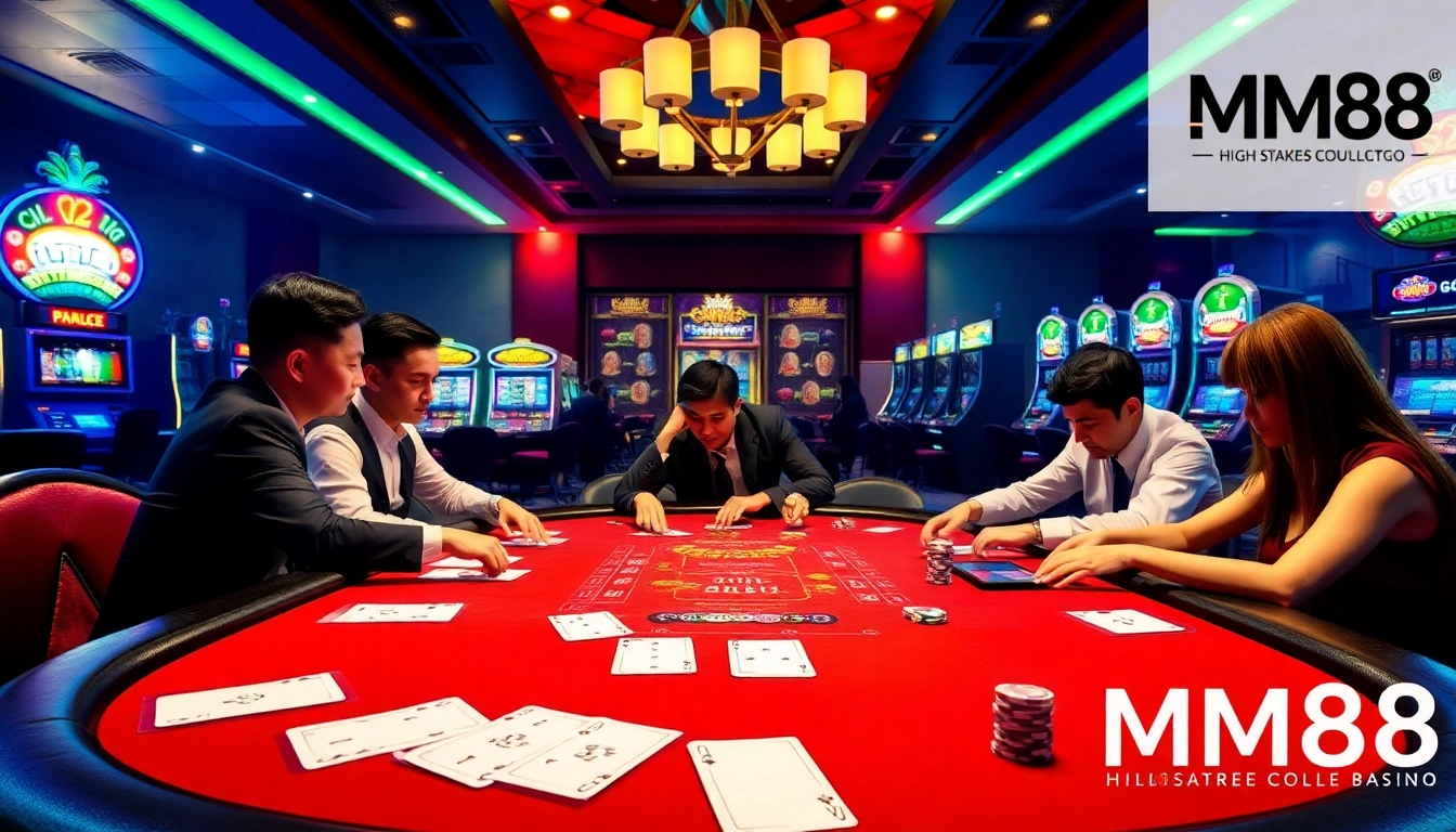 Casual gamblers enjoying a professional card game at MM88 casino, illuminated by warm lighting and vibrant colors.