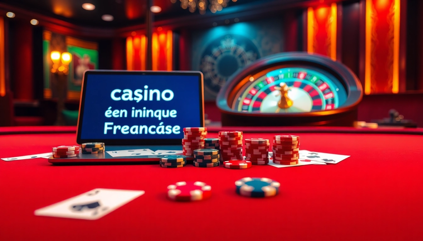 Casino en ligne Français avec des cartes vibrantes, des jetons et une roue de roulette dans un cadre de jeu élégant.
