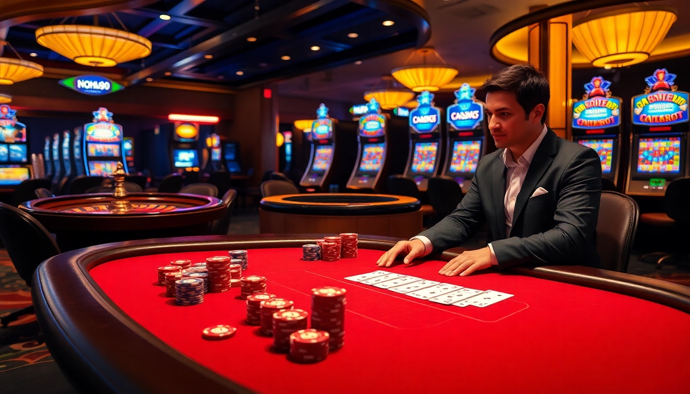 Nohu90 players enjoying a thrilling poker game at a luxurious casino.