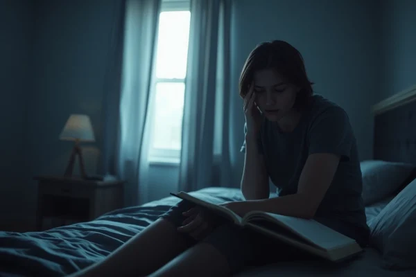 Person reflecting on depression symptoms in a dimly lit bedroom, conveying emotion and introspection.