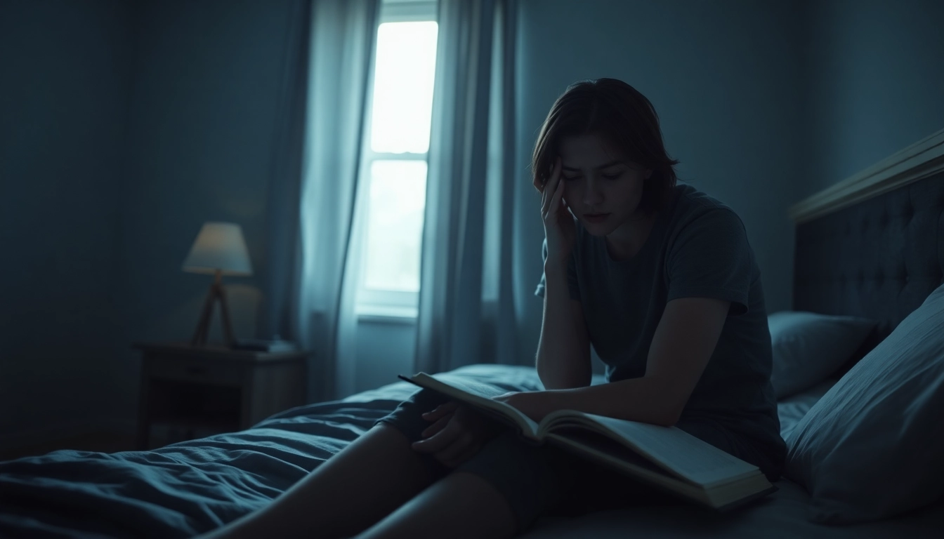 Person reflecting on depression symptoms in a dimly lit bedroom, conveying emotion and introspection.