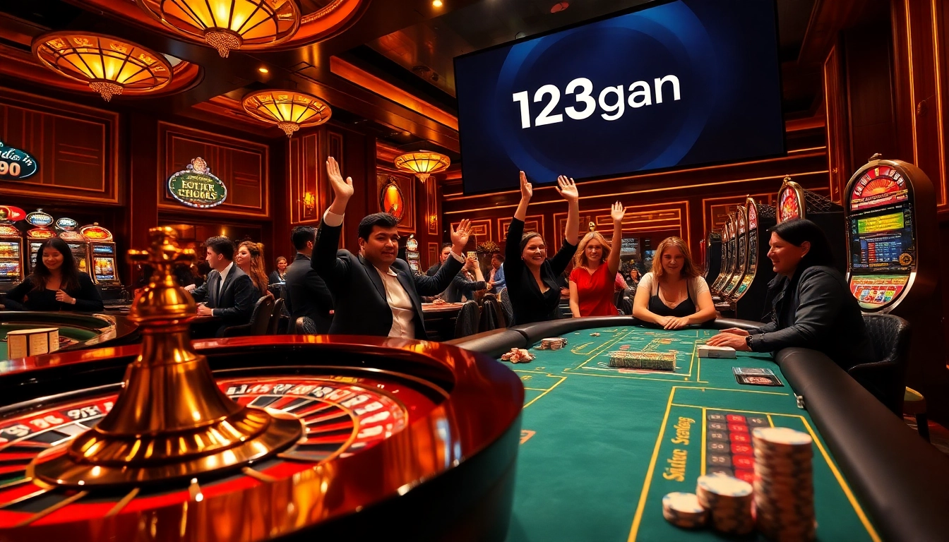 Gambling enthusiasts engaging with the luxurious online casino experience of 123ga.ink, enjoying thrilling games.