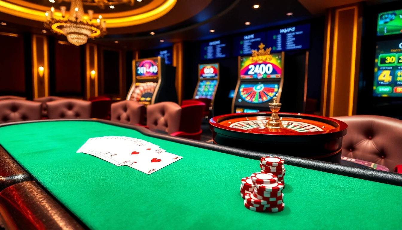 Engagez-vous dans l'atmosphère vibrante des nouveaux casinos en ligne avec une table de poker à enjeux élevés et une roue de roulette tournante.