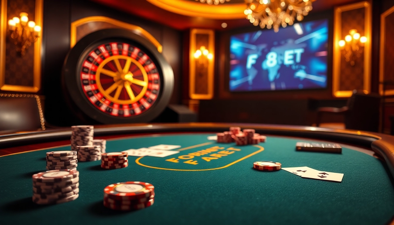 Experience F8BET’s thrilling casino atmosphere at an elegant poker table with vibrant chips and cards.