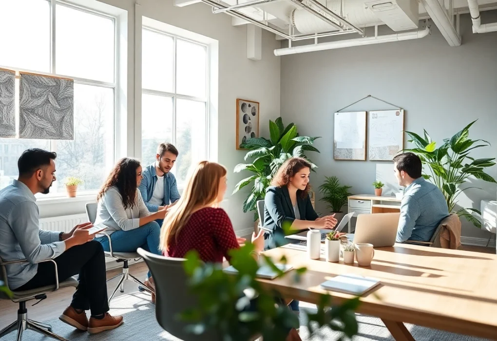 Agence de branding dynamique avec une équipe collaborative en pleine session de brainstorming.