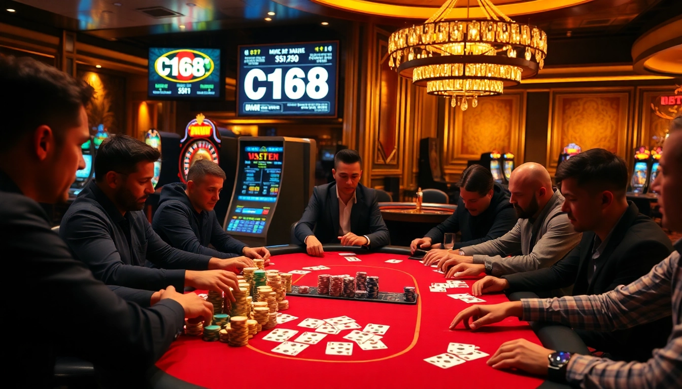 Engaged players at a poker table showcasing vibrant chips and cards in a thrilling C168 gambling scene.