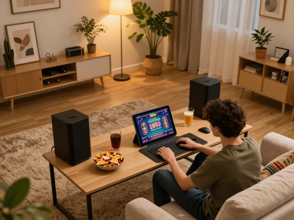 Engaged player enjoying 789bet online casino on tablet in cozy home setting