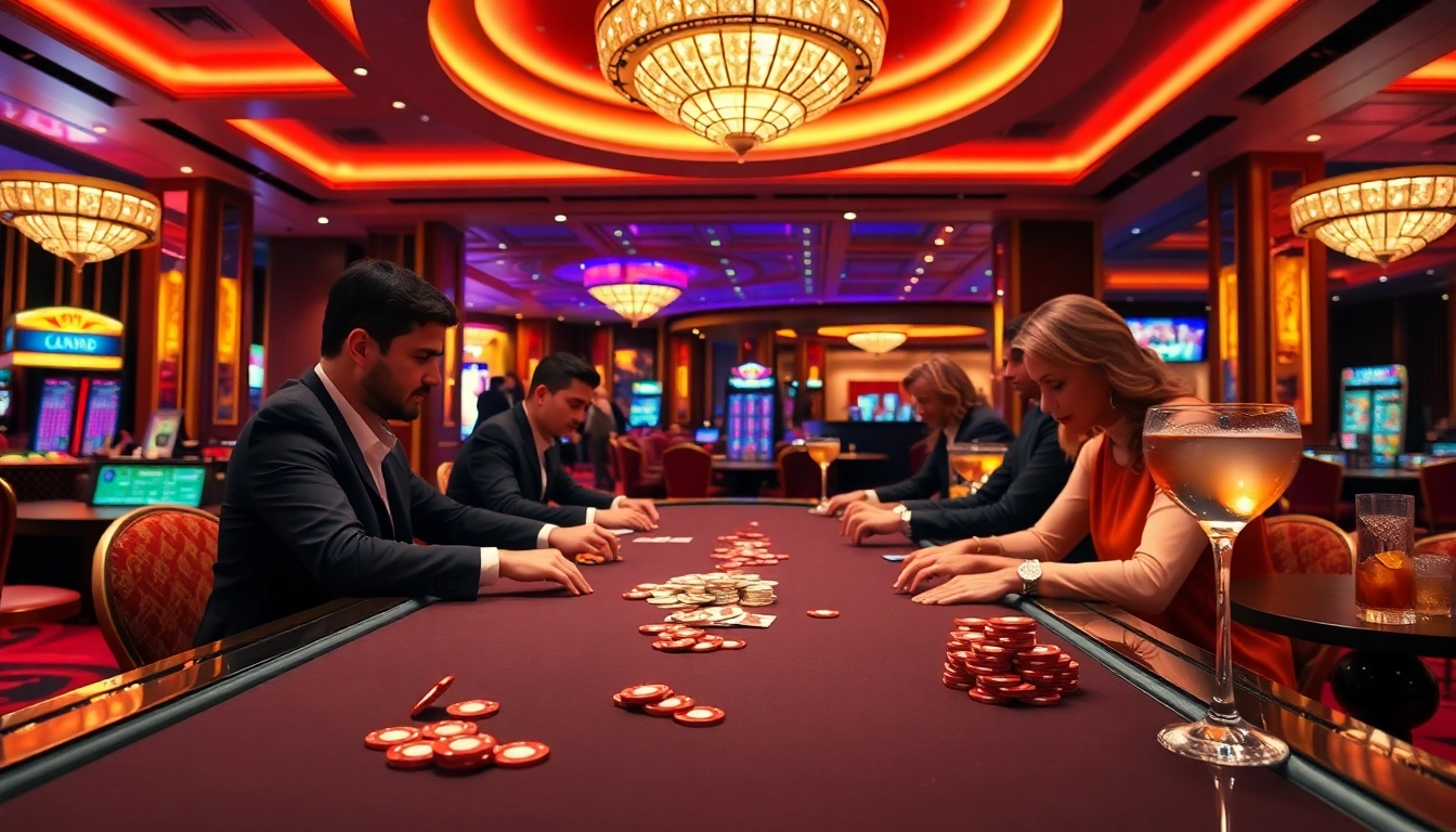 Jouer au casino en ligne avec des participants concentrés à une table moderne, ambiance chic. related image