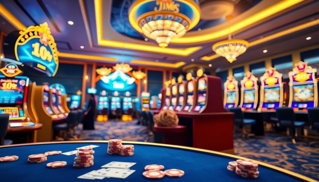 Jouer à des jeux de casino en ligne dans un environnement de luxe avec des tables et des machines à sous. related image