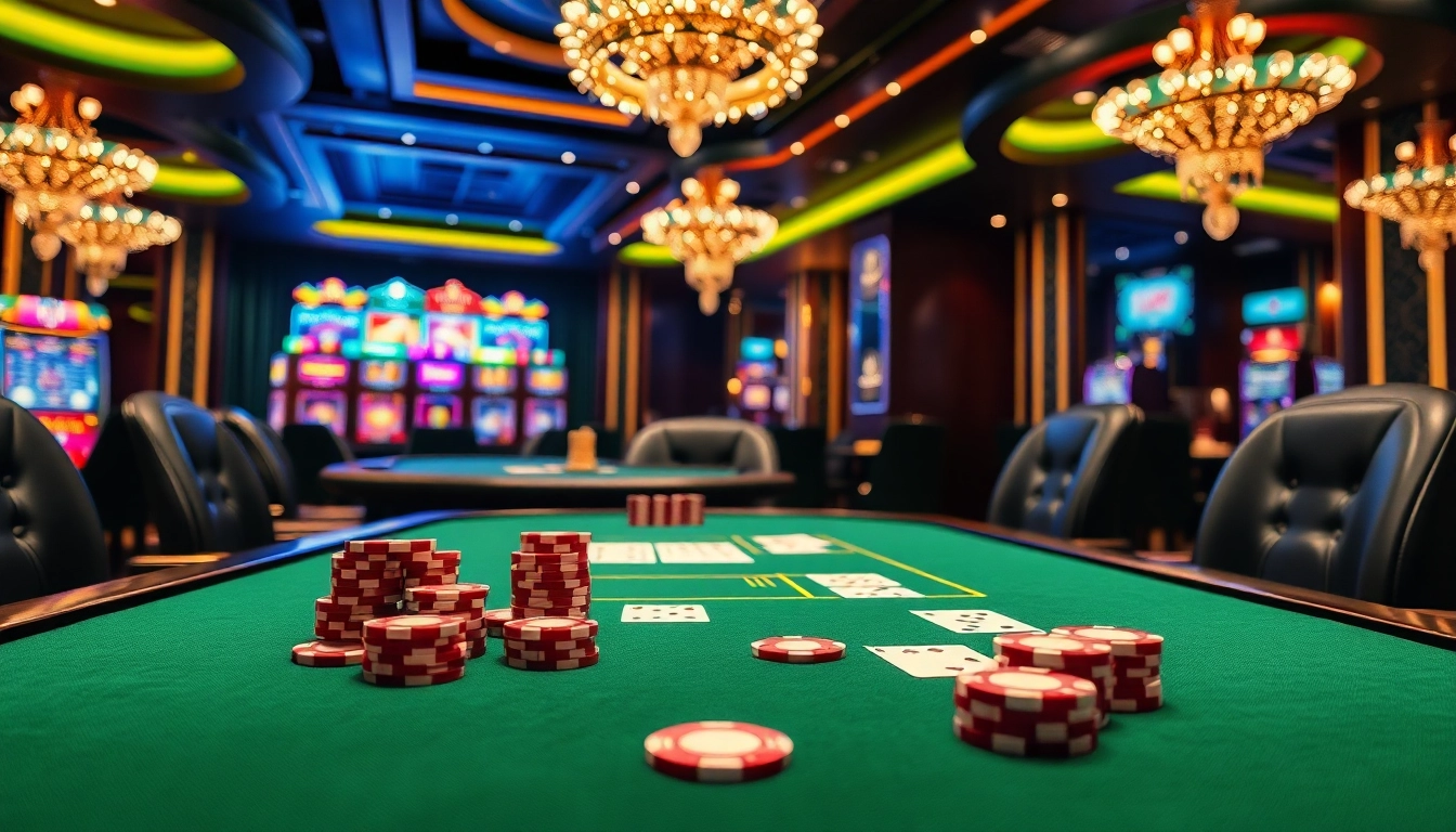 Casino en ligne: Élégante table de jeu avec une ambiance de casino luxueuse et des lumières vives.