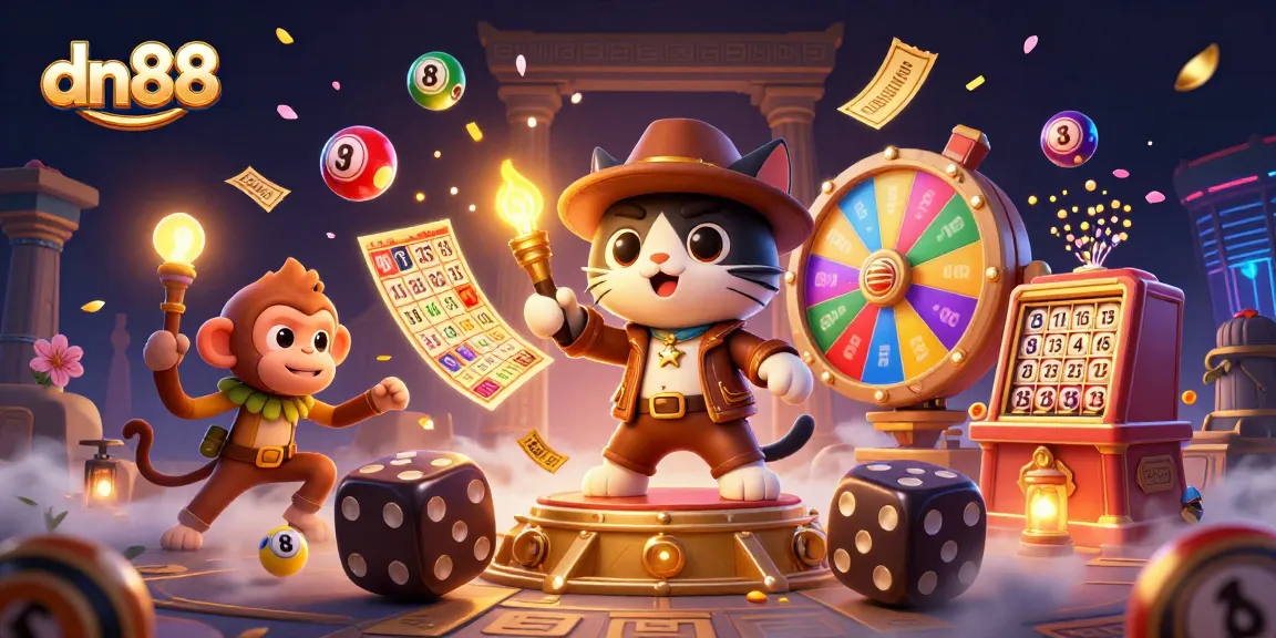 Experience the excitement of dn88 with a cat explorer and vibrant casino elements in this captivating illustration.