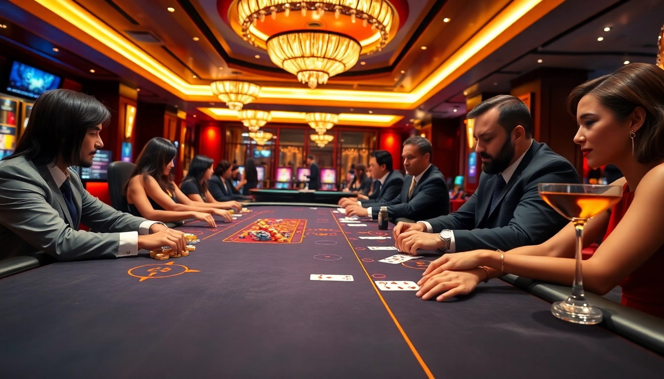 Jouer au casino en ligne avec des participants concentrés à une table moderne, ambiance chic.
