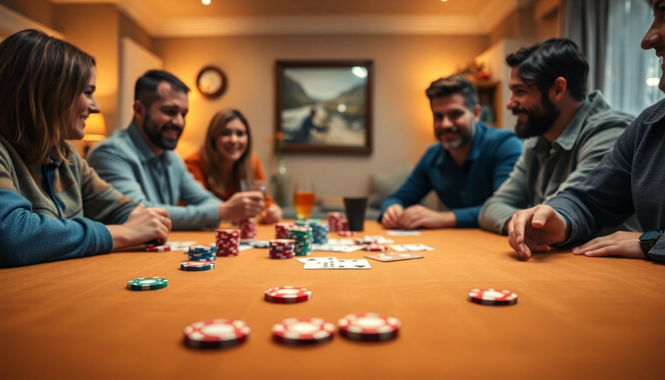 Jouer au poker en ligne dans une ambiance conviviale avec des amis et des jetons colorés.
