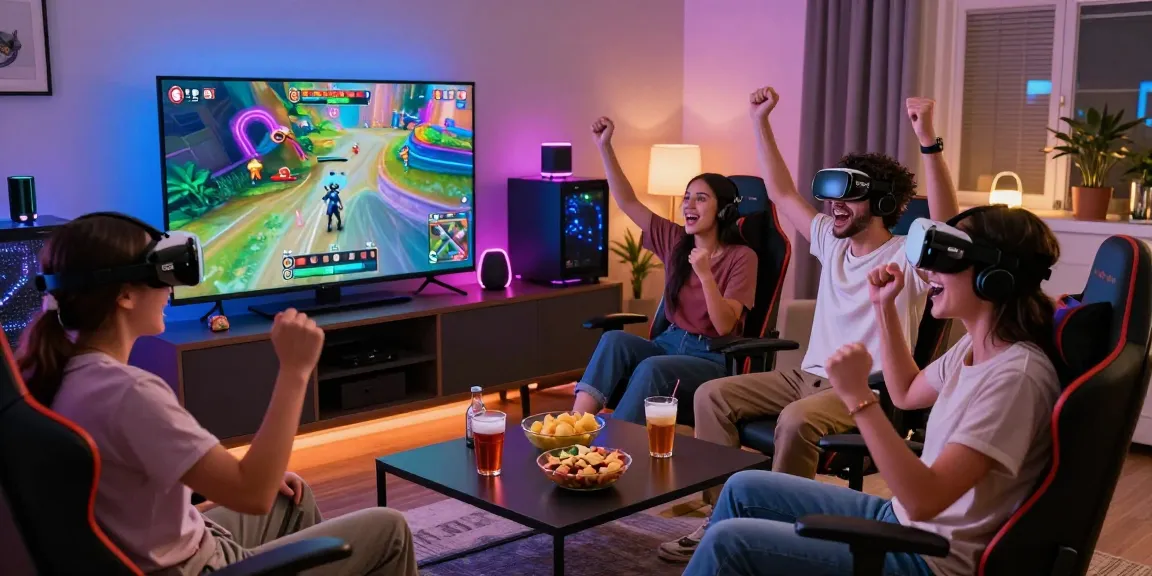 Exciting gaming scene at https://ko66.world/ with friends celebrating a multiplayer match, showcasing modern gaming setup and accessories.