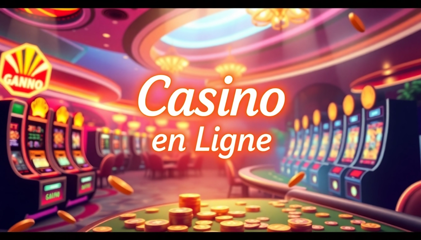 Casino en ligne avec des machines à sous lumineuses et une ambiance animée.