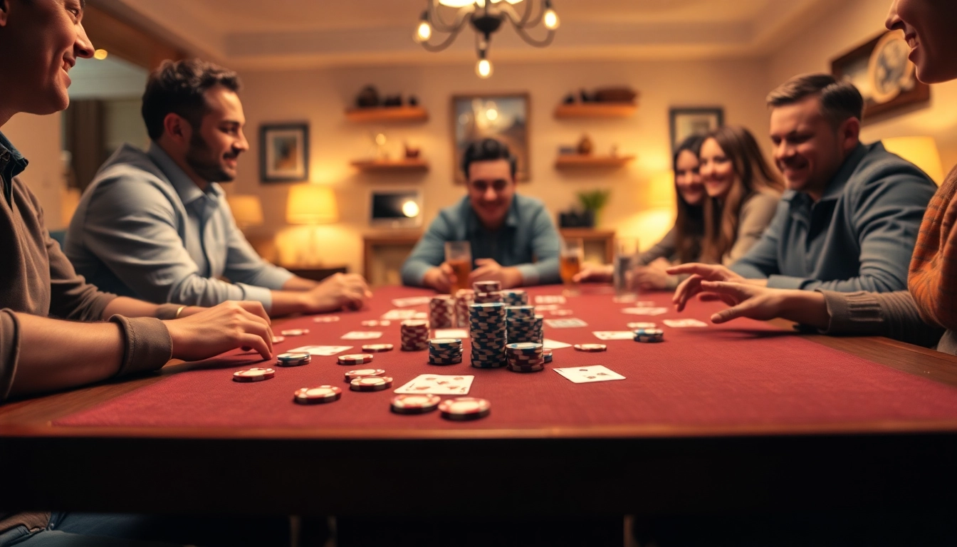 Jouer au poker en ligne dans une ambiance conviviale avec des amis et des jetons colorés. related image