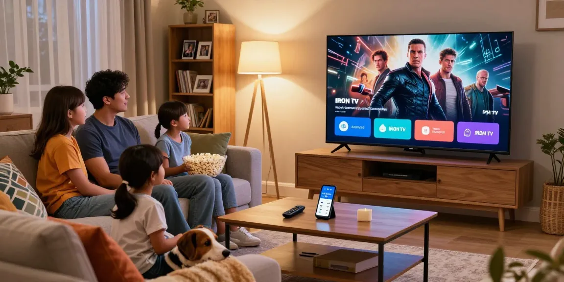 Enjoying Iron tv family movie night in cozy living room with smart TV